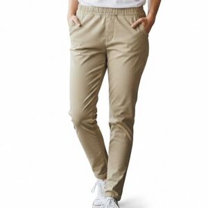 Khaki Tan Pull On Pants Stretch elastic waistband Large L Comfort Casual Chinos